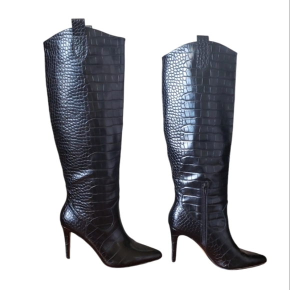Shu Shop Black Croc Fitted Over-Knee Pointed Heeled Boots Women's Size 9 - Picture 6 of 17
